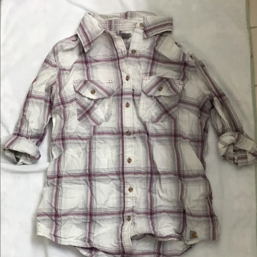 Carhartt Flannel purple and white collar shirt.